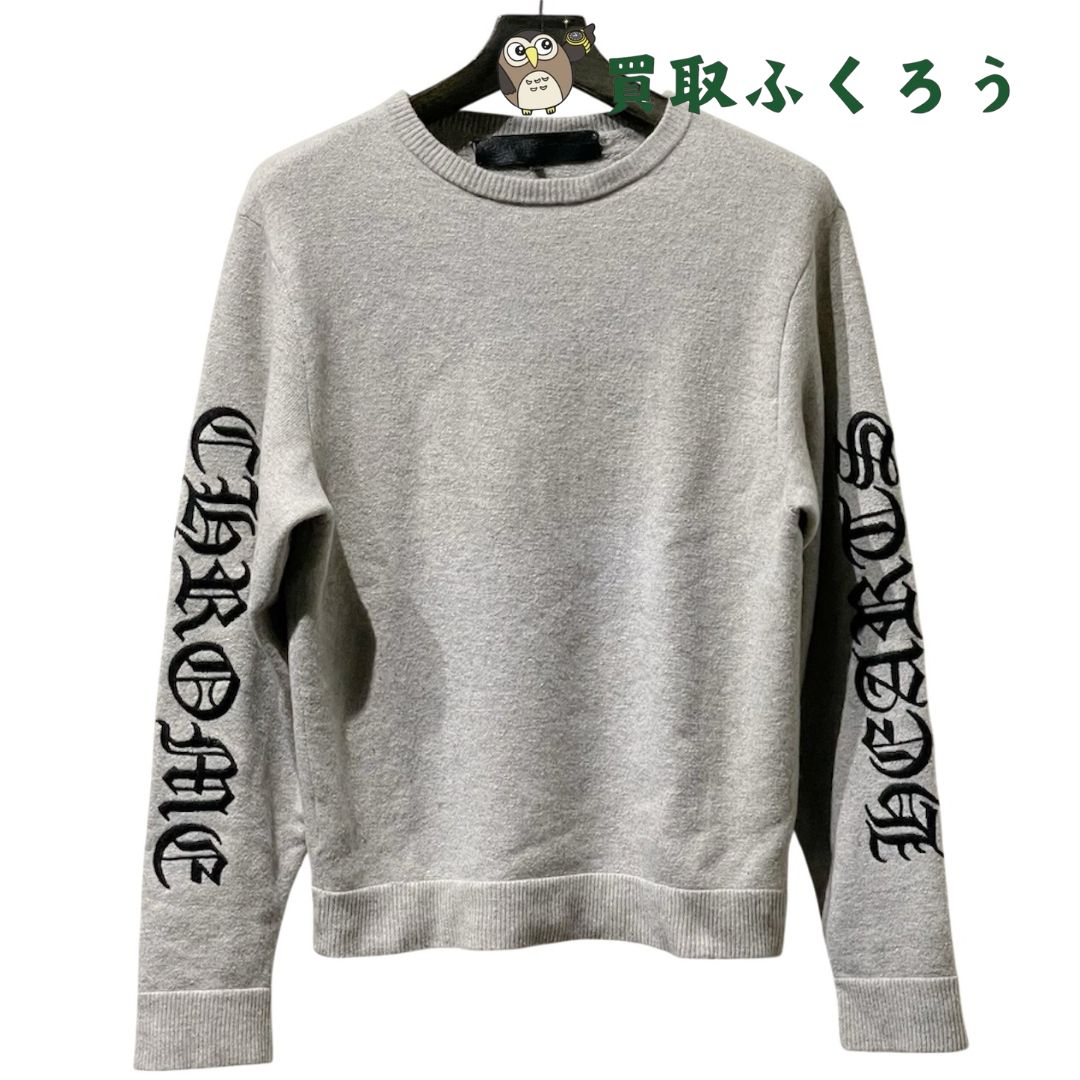 クロムハーツ Chrome Hearts　YNOT ARM LOGO EMBROIDERY CASHMERE KNIT　 ワイノット　アームロゴ　袖刺繡　カシミアニット　グレー　サイズM　クルーネック　セーター
