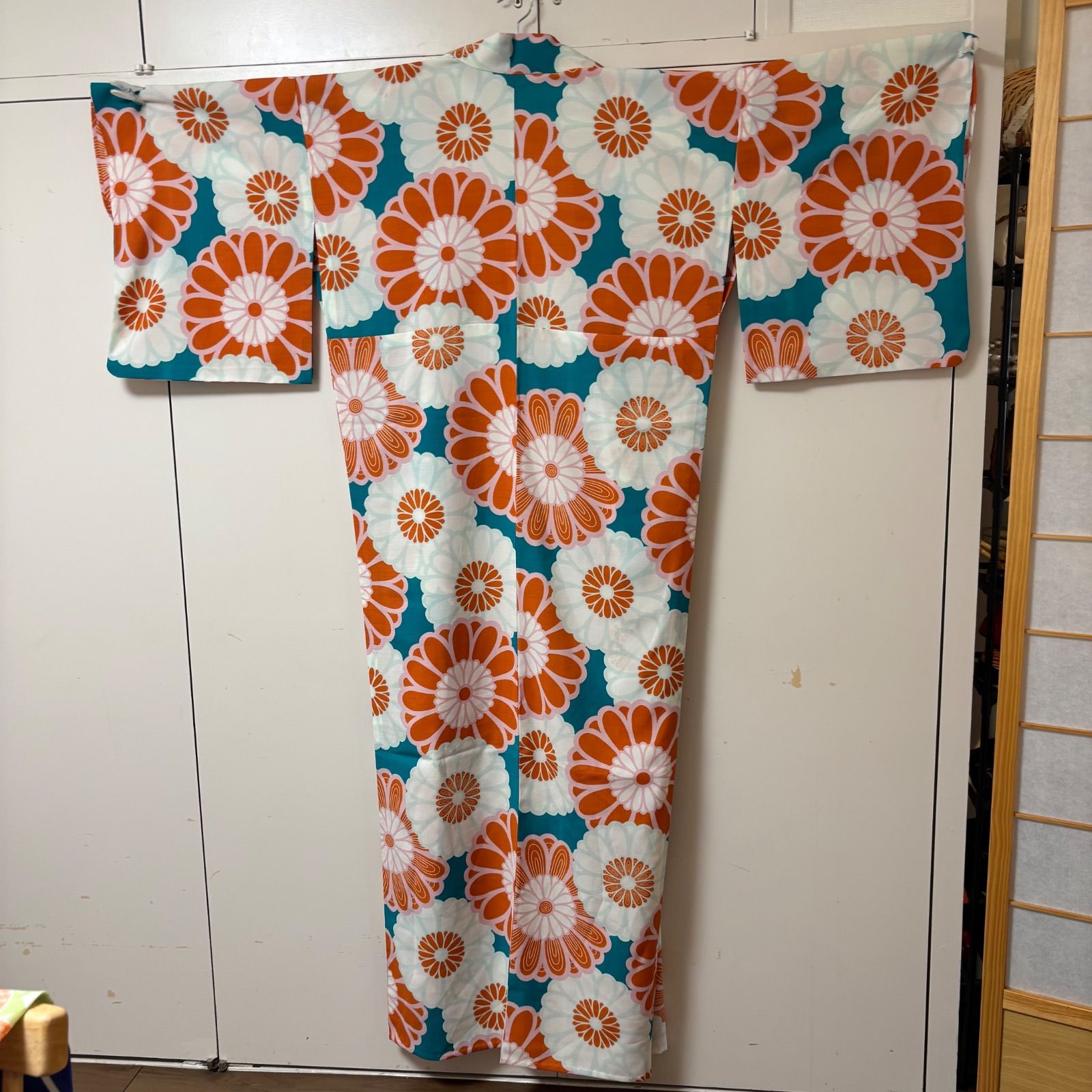 浴衣 和風館 身丈162 ポリエステル 緑 オレンジ 花柄 - メルカリ
