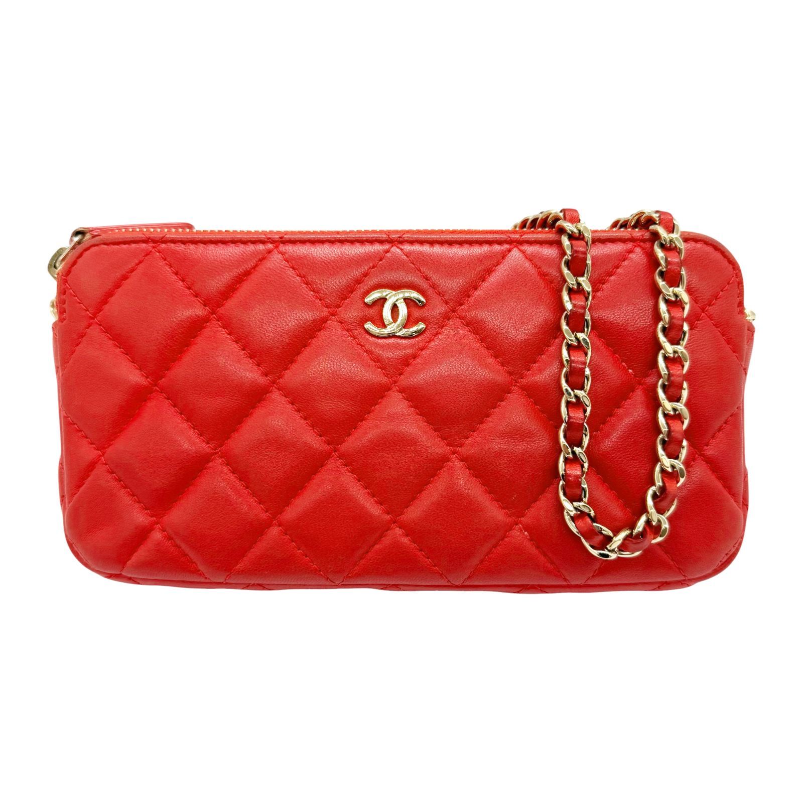 CHANEL シャネル チェーンウォレット Wジップ 財布 バッグ ラムスキン レッド 23番台 2016年～2017年製造 Gカード付き AP0248 斜め掛け ショルダー レザー レディース 【ブランドギャラリー千林店】