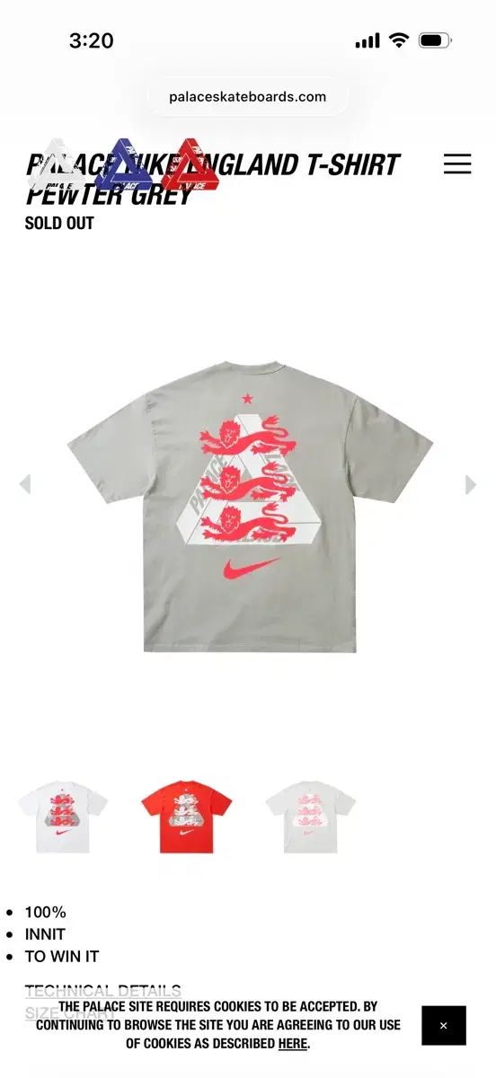 パレス x NIKE イングランド Tシャツ ピューター グレー