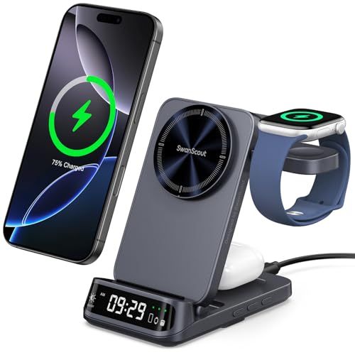 3in1 ワイヤレス充電器、マグセーフ充電器、mag-safe 充電スタンド、置くだけ充電、マグネット式、折りたたみ式、iPhone 17/16/15/14/13/12 シリーズに対応、 Apple Watchに対応、AirPodsに対応（ア 10bf3c00