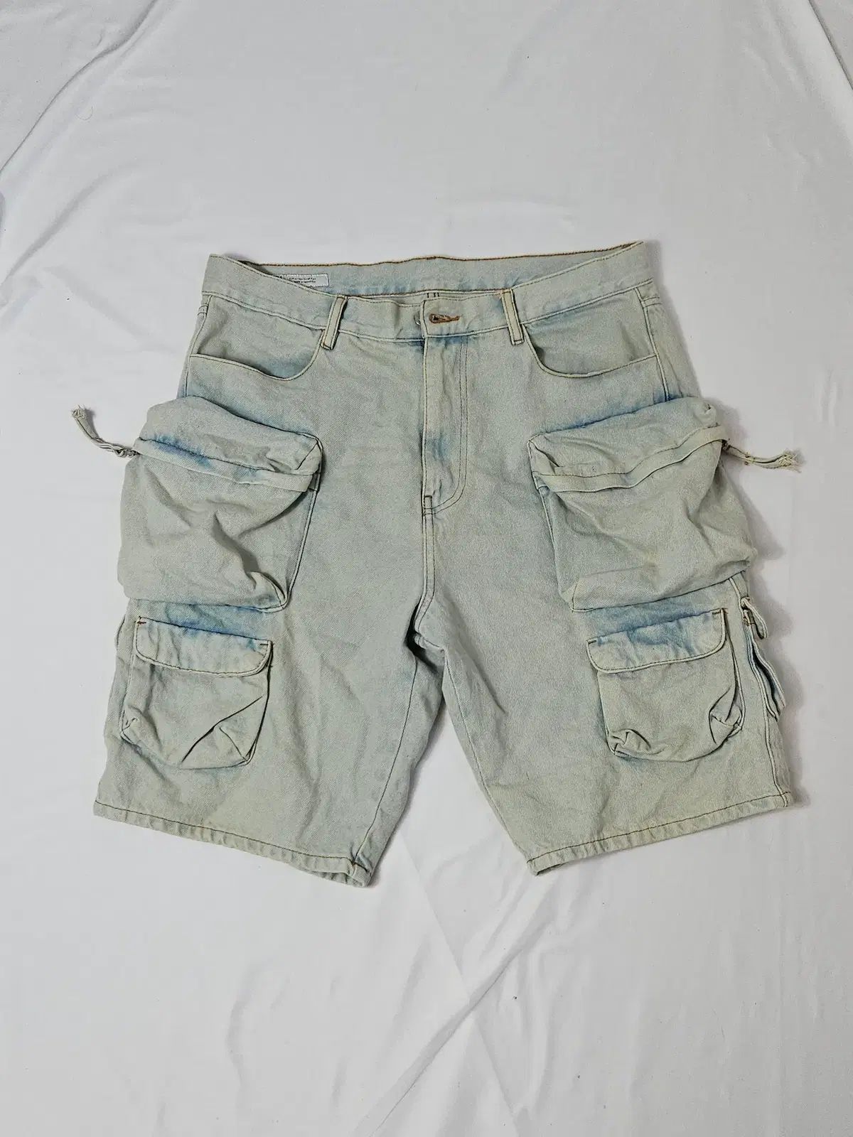 ZARA ザラ デニム ユーティリティ バミューダ ショートパンツ カーゴポケット ショートパンツ 34 ブルーグリーン