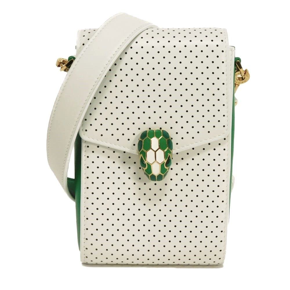 BVLGARI ブルガリ セルペンティ ヴァーティカル チェーン ポシェット スネークヘッド ロゴ 箔押し スムース パンチング テニスグリーン カードポケット RFID ICチップ 未使用 カサブランカ ホワイトアゲート ショルダーバッグ 292333
