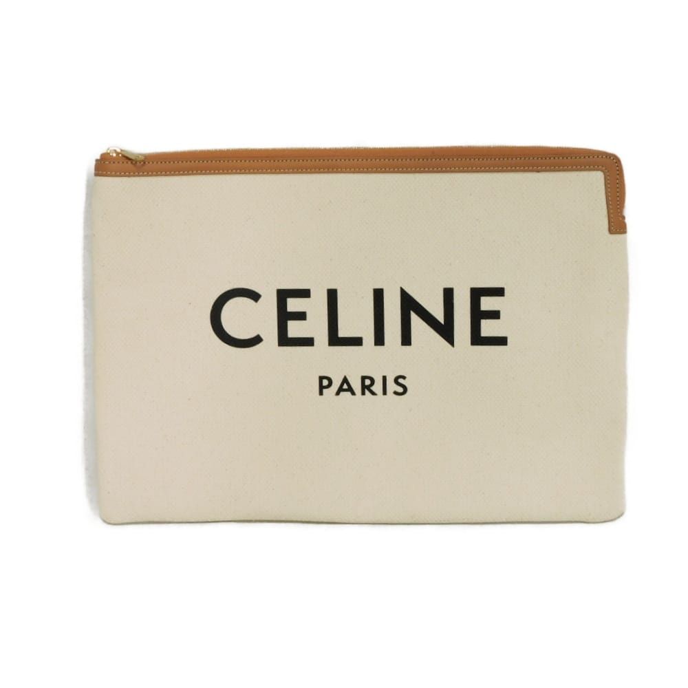 CELINE セリーヌ ロゴ キャンバス ラージ ポーチ カーフ タン ブラウン