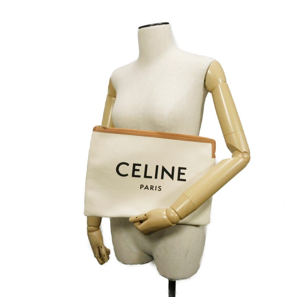 CELINE セリーヌ ロゴ キャンバス ラージ ポーチ カーフ タン ブラウン