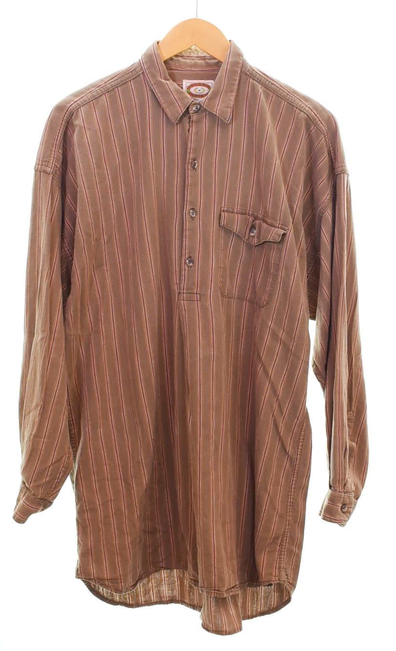 バナナリパブリック BANANA REPUBLIC 80s USA製 Striped Grandpa Shirt ストライプ グランパ シャツ 80年代 サファリタグ 長袖シャツ ブラウン Mサイズ 103MT-4804