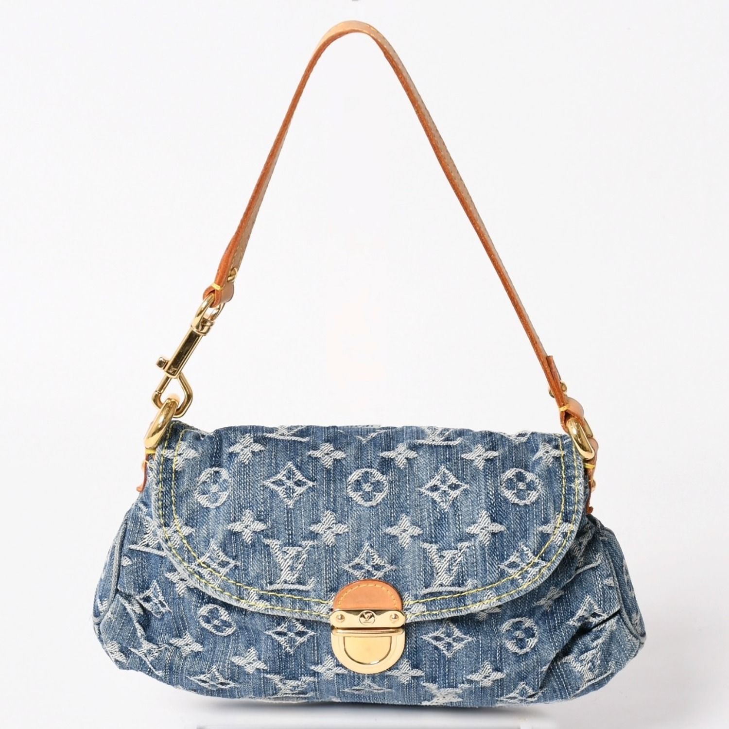 極美品 LOUIS VUITTON ルイヴィトン ミニプリーティ ワンショルダーバッグ M95050 モノグラム デニム インディゴブルー 中古 4a003989