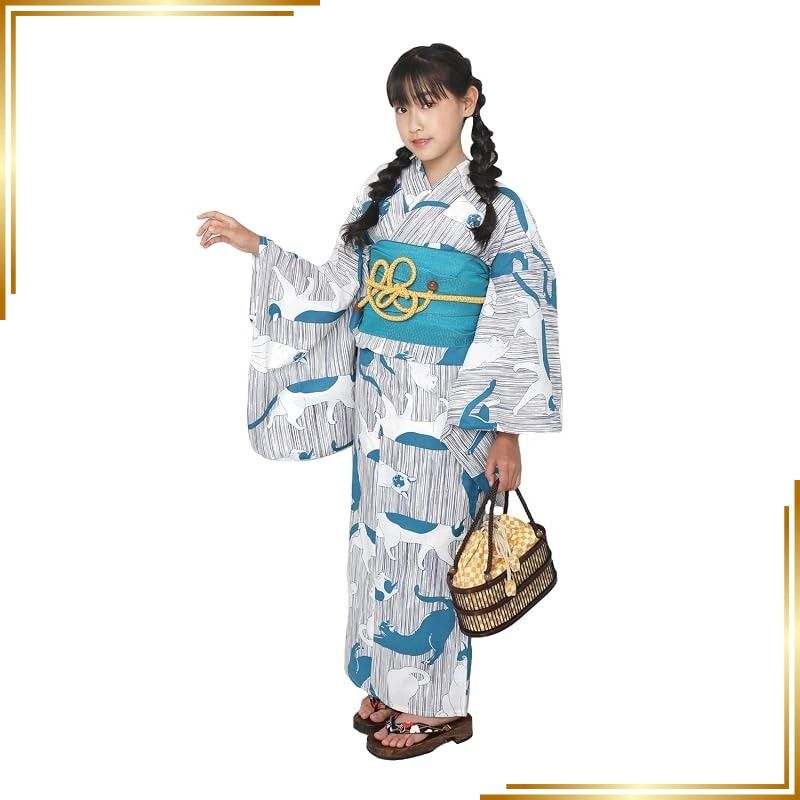 【新品】 [Fuuka] フウカ 浴衣 子供 女の子 キッズ セット 2点 帯 130cm 猫 ターコイズ 青 白 (兵児帯/日本製/ターコイズ) 05-130-B167
