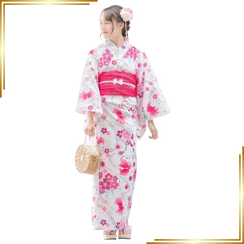 【新品】 [アリサナ] 浴衣 こども 女の子 子供 (浴衣+腰紐+帯の4点セット) 金魚ホワイト 150cm