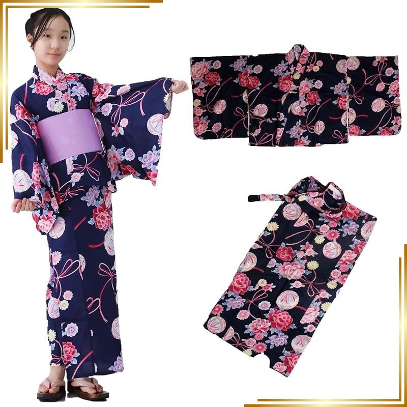 【新品】 [遊楽庵] 子供 セパレート 浴衣 紺地 綿100 女の子 160 簡単 作り帯 ラベンダー色 付きセット (３ 帯付きセット, 160cm)