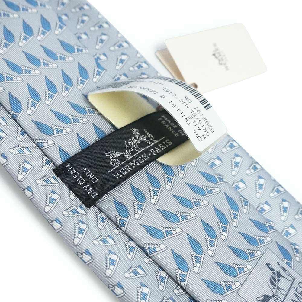 未使用品 HERMES グレー 雲柄 ネクタイ 袋付き U-20 エルメス シルクツイルタイ TWILLBI ツイルビー 8CM シルク100％ グリ