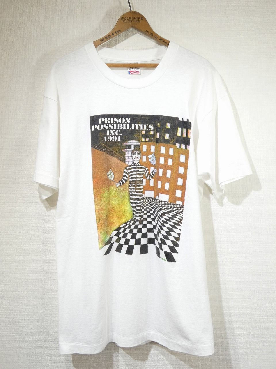 USA製 90s ビンテージ FRUIT OF THE LOOM フルーツ PRISON POSSIBILITIES INC プリズナー ツーフェイス チェッカー Tシャツ L 80s シングルステッチ