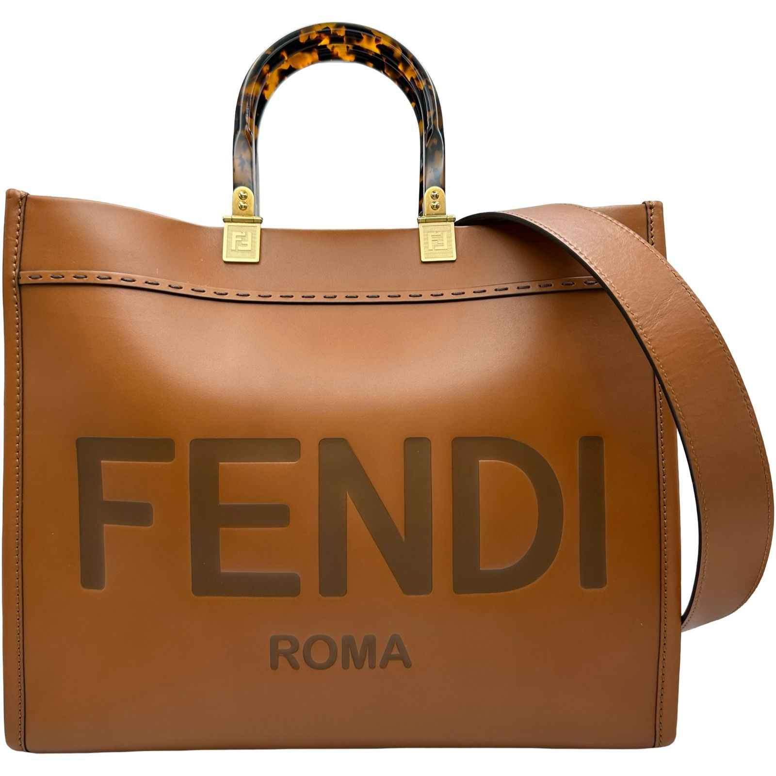 フェンディ FENDI サンシャインミディアム 8BH386 ブラウン カーフレザー レディース トートバッグ