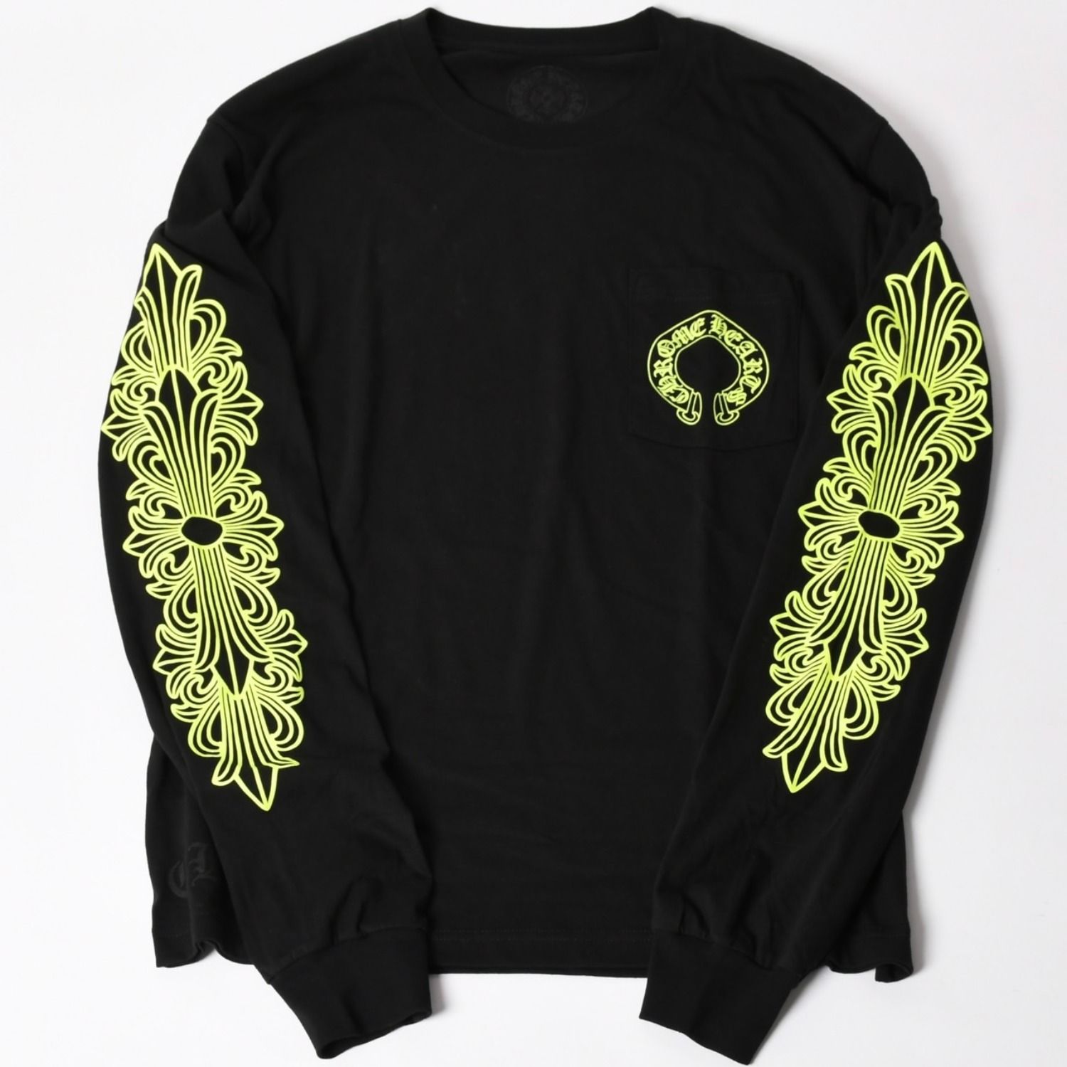 新品未使用 CHROME HEARTS クロムハーツ 長袖Tシャツ サイズL フローラルクロス ホースシュー ブラック ライムグリーン 新型 中古 4a004018