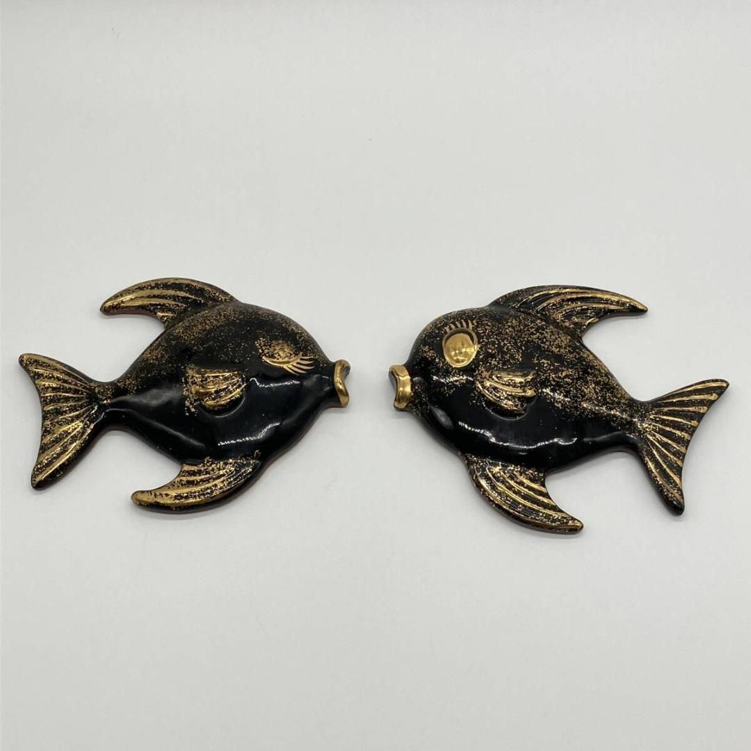 ビンテージ 50s レフトン ( Lefton ) フィッシュ ウォールデコ 壁掛け ペア 黒金 セラミック ミッドセンチュリー ( POP_25B )