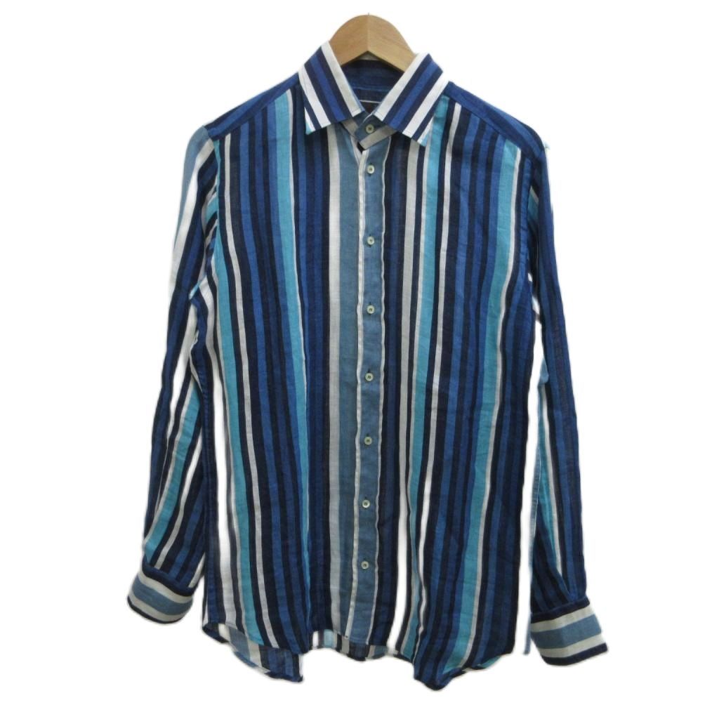 エトロ ETRO カジュアルシャツ 麻 リネン M 青 ブルー ストライプ柄