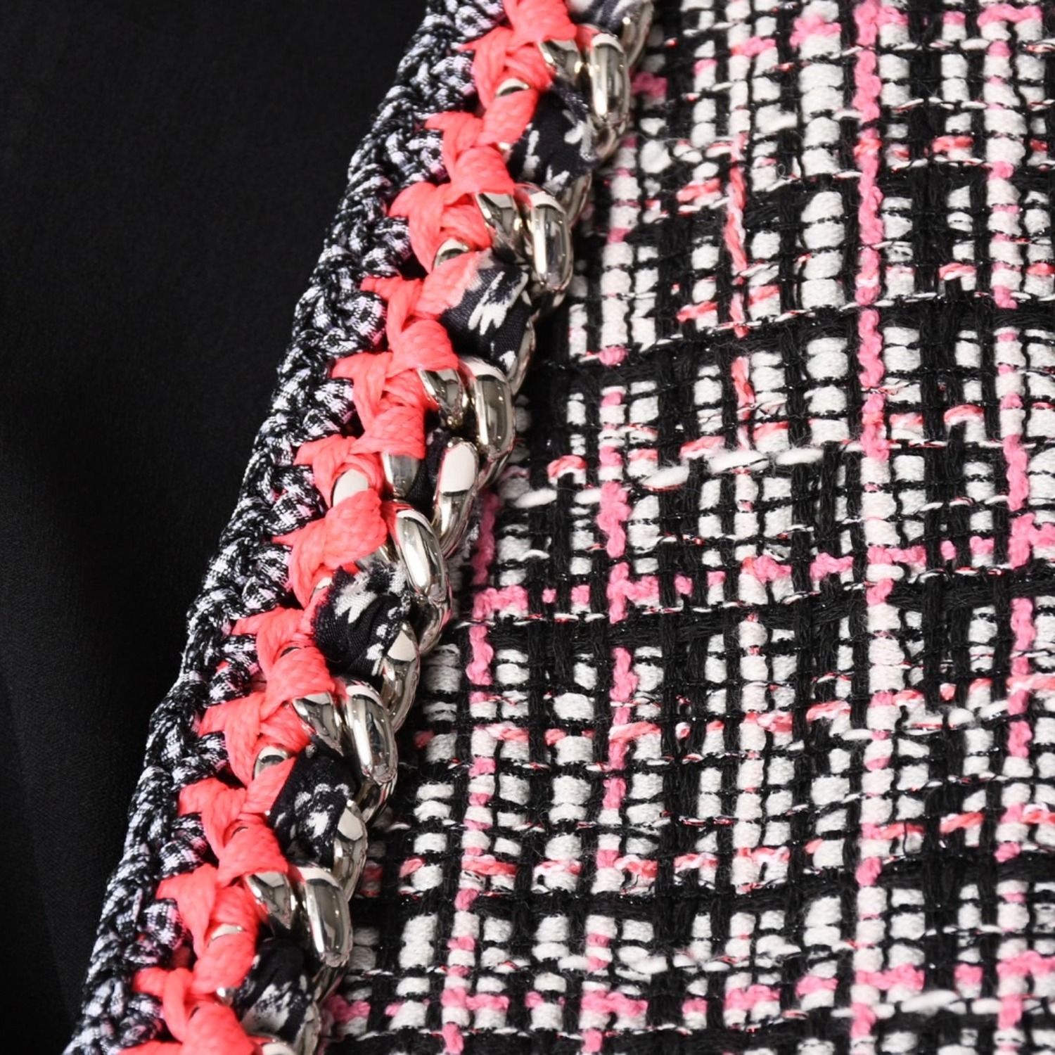 CHANEL ノーカラー ツイードジャケット 黒ピンク ココマーク