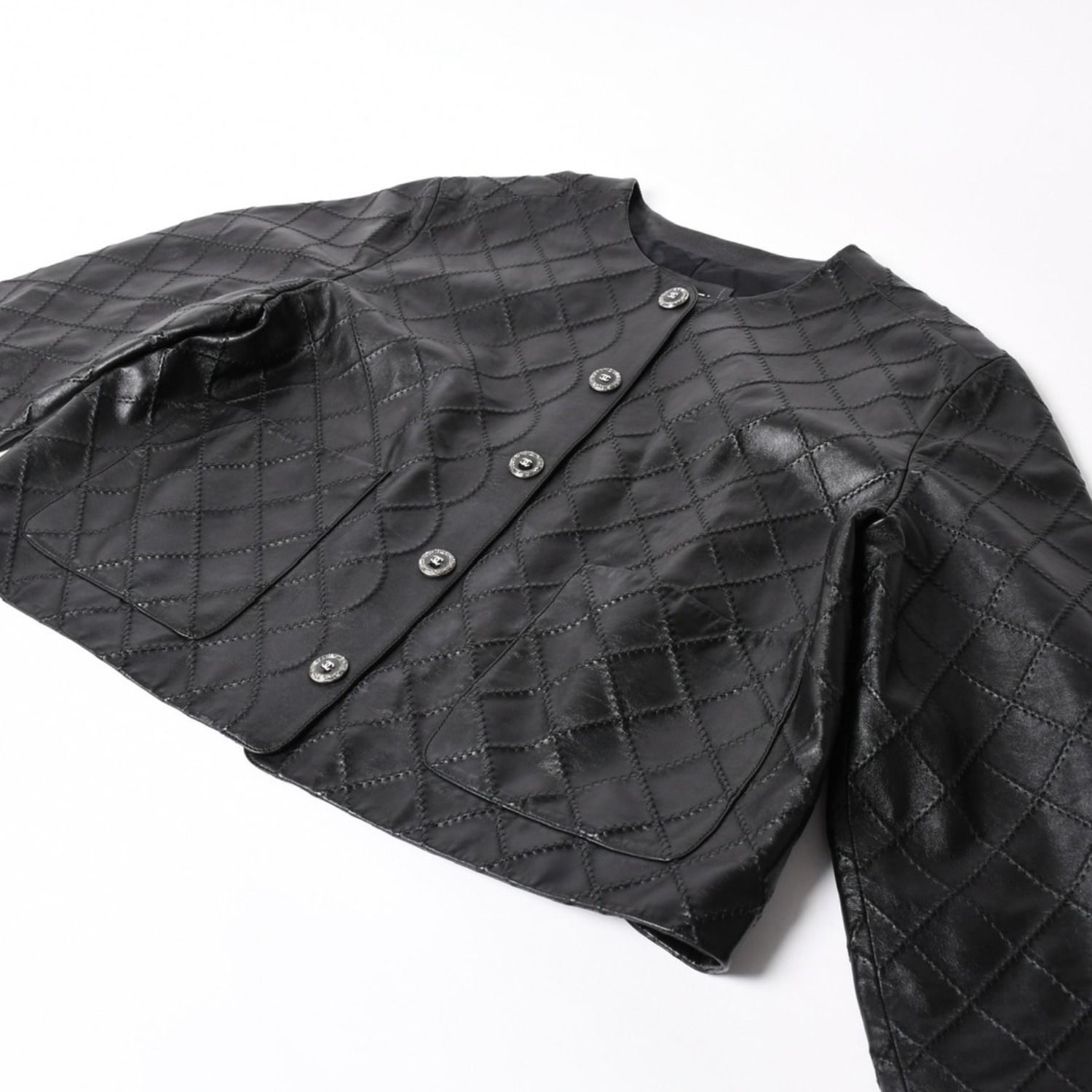 ★CHANEL★美品★ラムレザー★マトラッセ★ノーカラー★羊革ジャケット 極美品 CHANEL シャネル マトラッセ ノーカラー仕様ブラックレザー