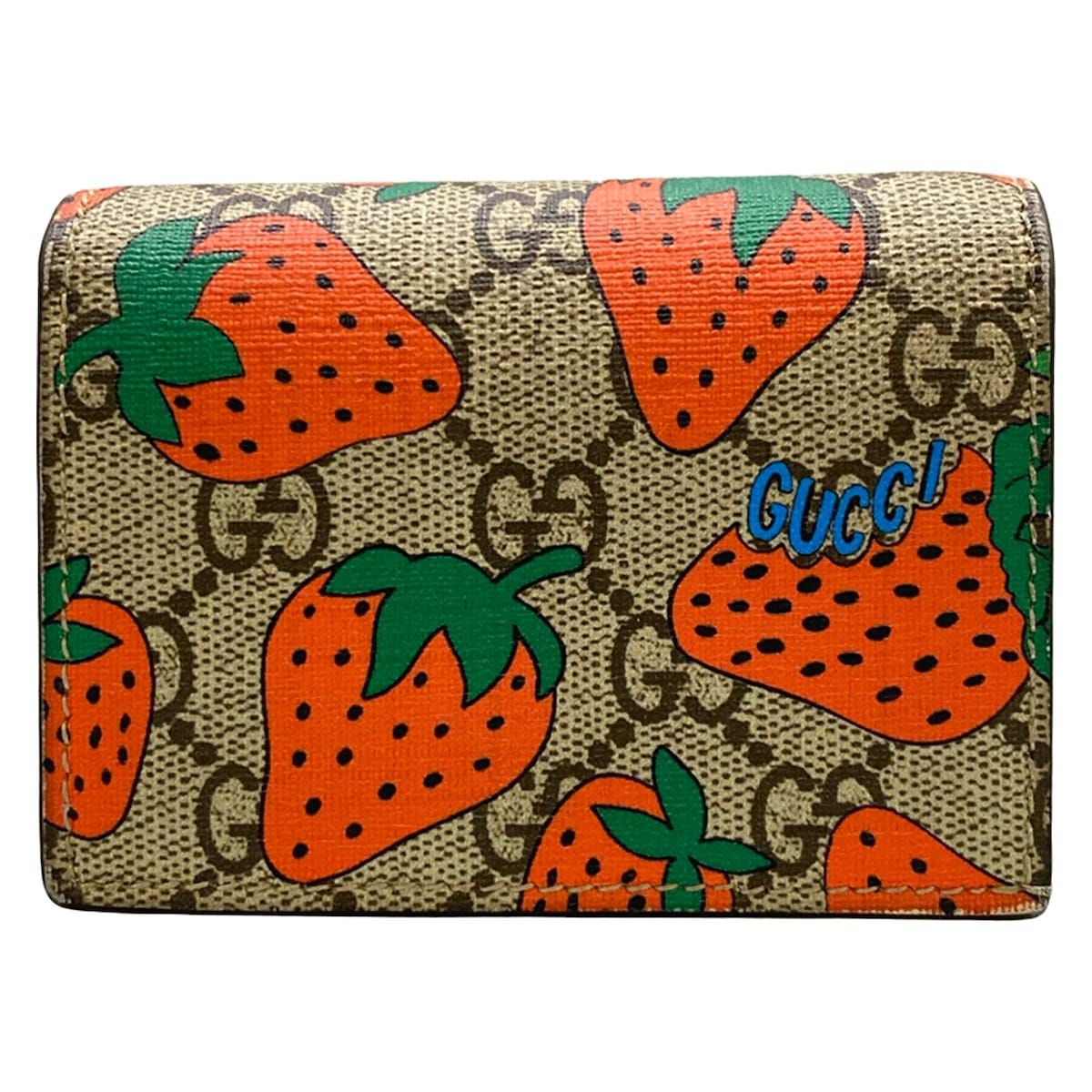 GUCCI(グッチ) 2つ折り財布 ストロベリー プリント GGカードケース 573839 ベージュ×レッド×マルチ ストロベリー