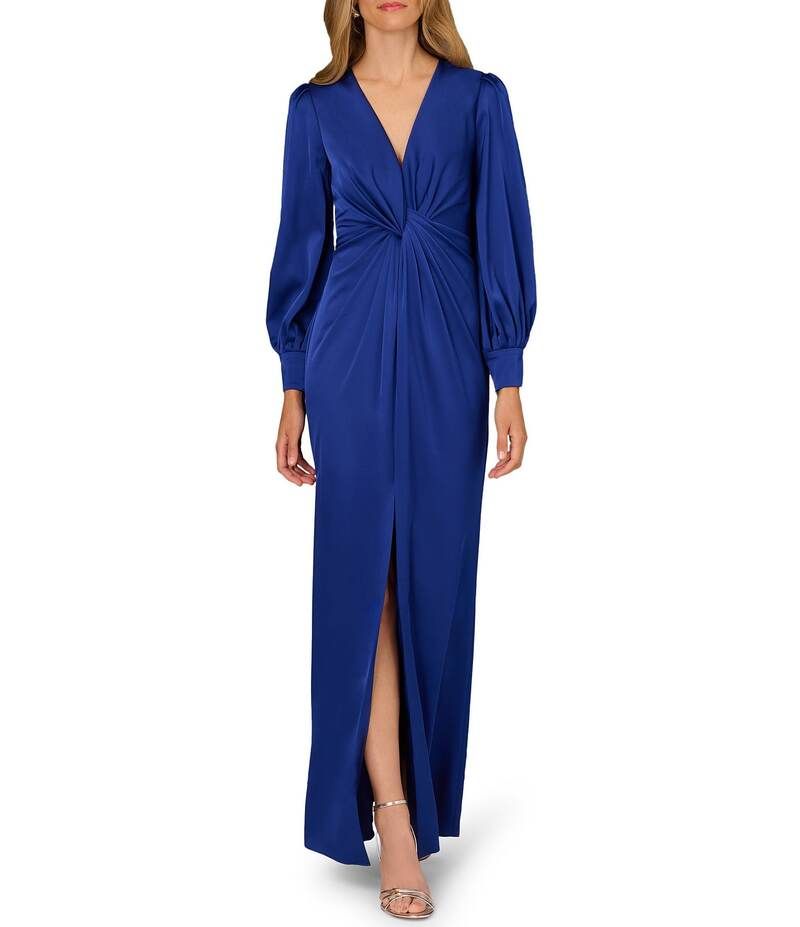アイダンマットックス レディース トップス ワンピース クレープ フロントスリット サテン Aidan Mattox Crepe Back Satin VNeckline Long Sleeve Fr