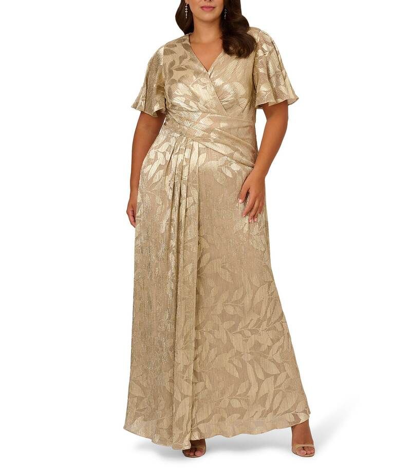 アドリアナ パペル レディース トップス ワンピース Vネック プラスサイズ プリント Adrianna Papell Plus Size VNeck Flutter Sleeve Foil Leaf