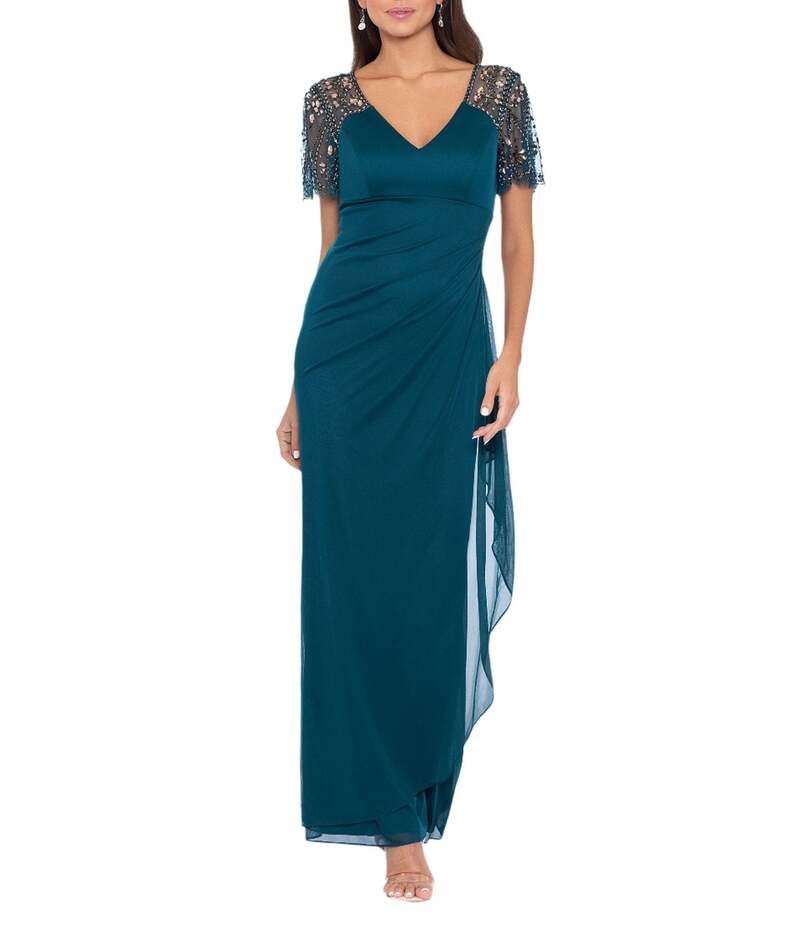 エスケープ レディース トップス ワンピース Vネック ドレープ シアー Xscape Short Beaded Sheer Flutter Sleeve Cascading Draped Waist
