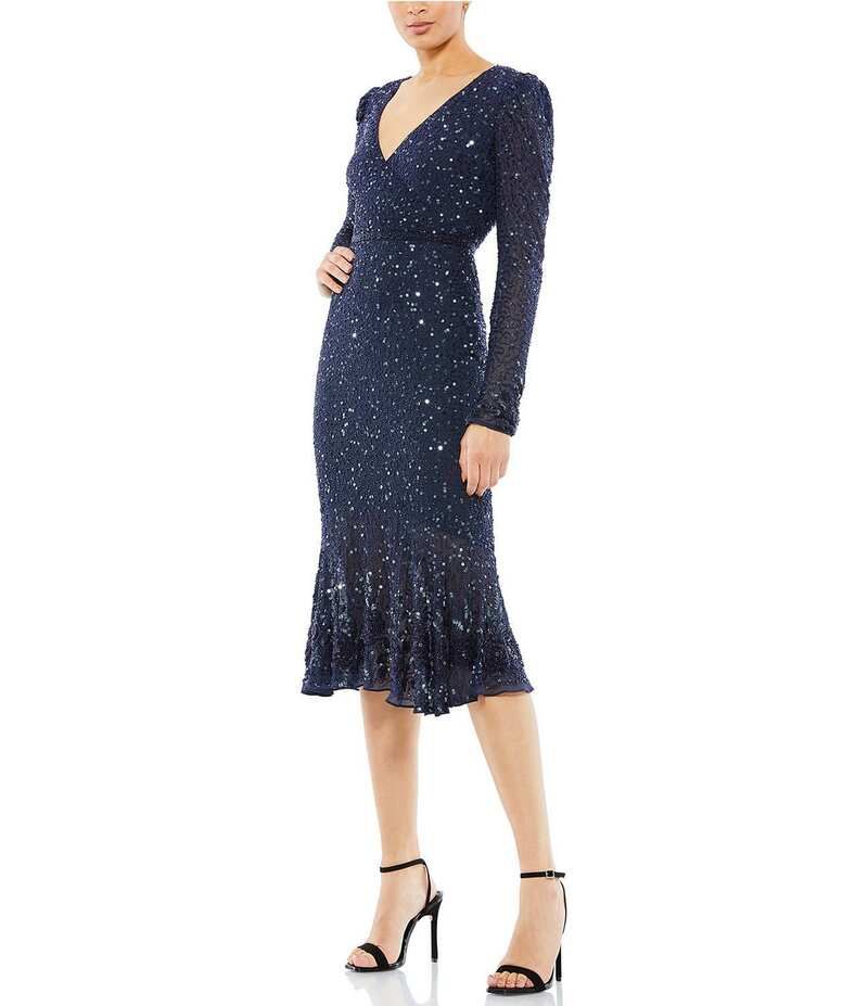 マックダガル レディース トップス ワンピース Vネック ミディワンピース ミディ スパンコール Mac Duggal Sequin Embellished Flounce Hem Surplice