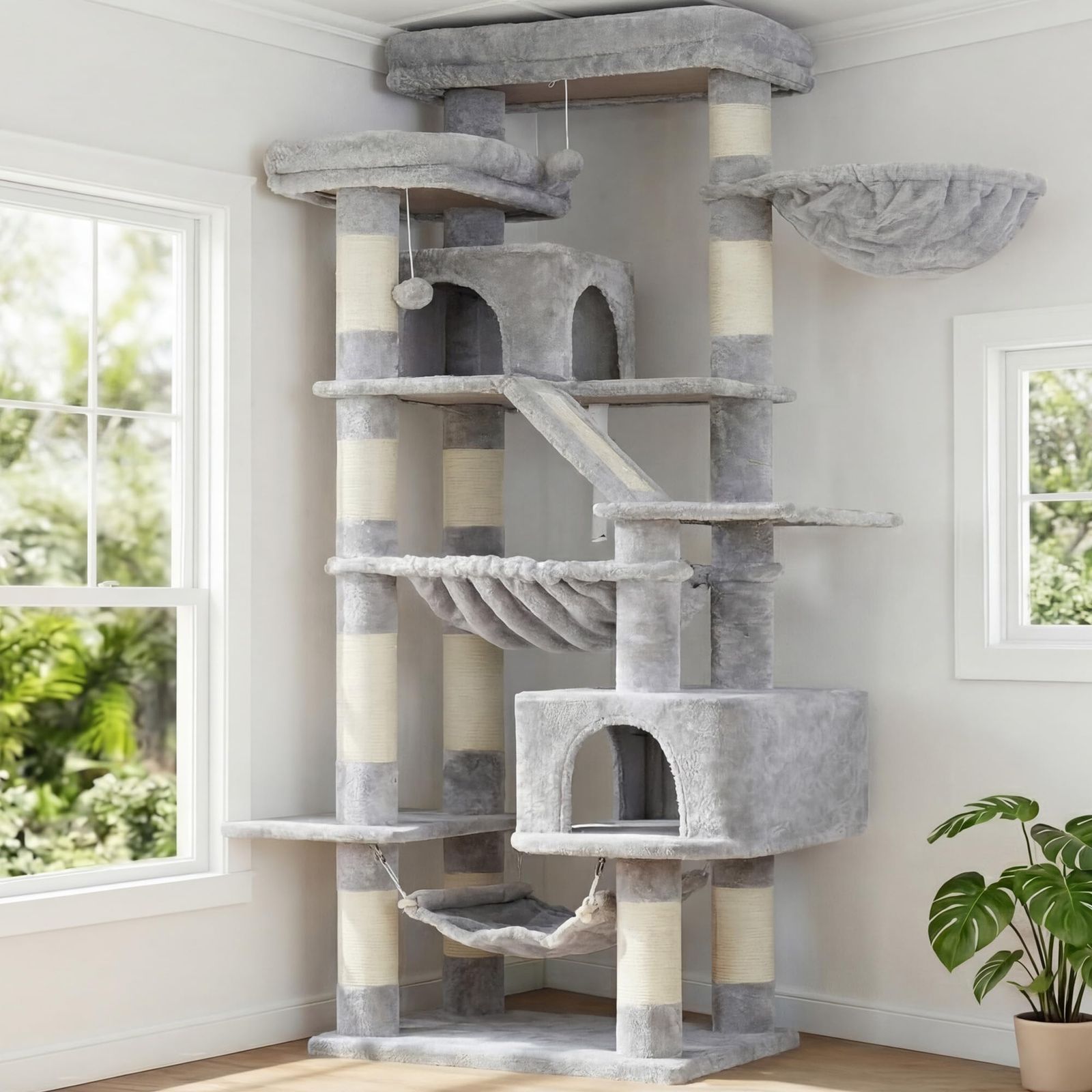 Heyblyキャットタワー 多頭飼い最適 高180cm 大型猫用 据え置き式 高安定性 ダブル展望台付き ダブル猫小屋付き 3 つ吊りベッド付き コンパクト設計 易攀爬 多機能 運動不足解消 猫用品 人気キャット家具 ライトグレー HCT034W