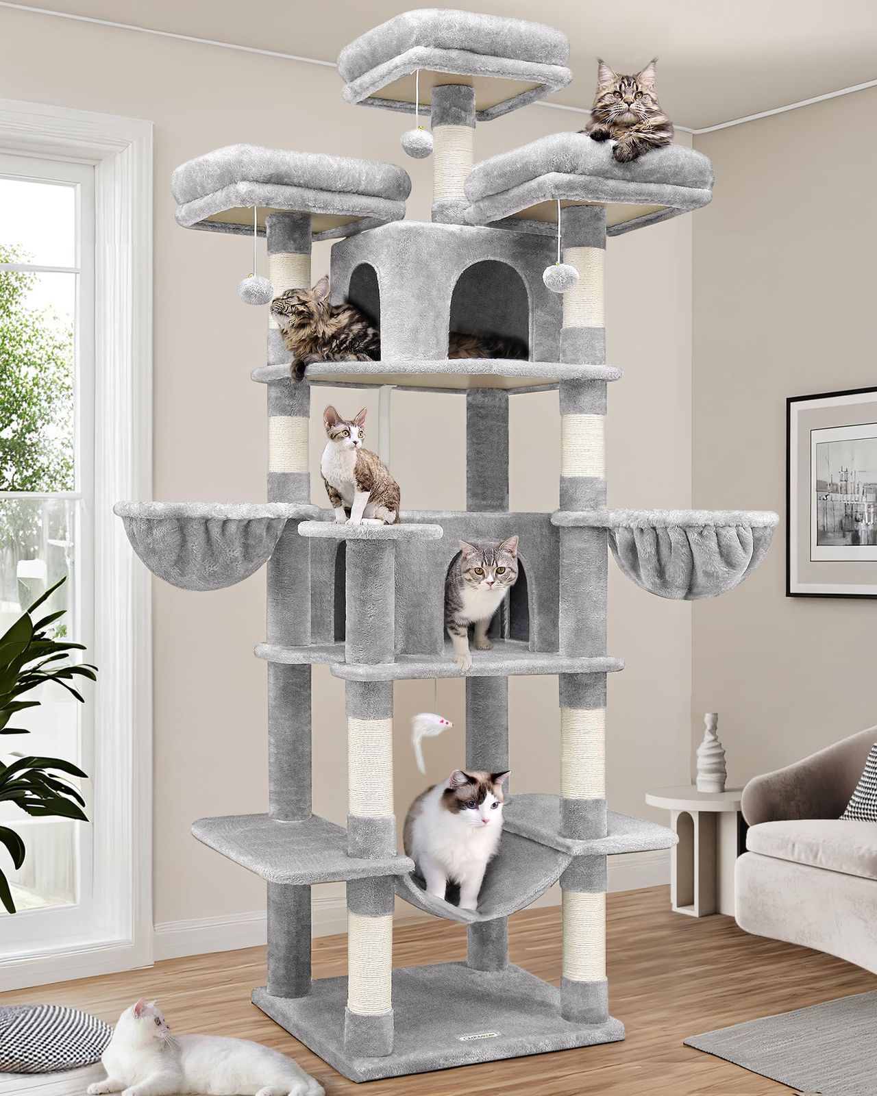 Globlazer キャットタワー ラージサイズ 高さ204cm 据え置き型 多機能 猫タワー 多頭飼い 大型猫用 取り外し可能な展望台3つ キャットハウス2つ 特大ハンモック と柔らかく快適な吊り下げバスケット2つ 複数の天然麻紐の爪とぎポスト ぬいぐるみボ