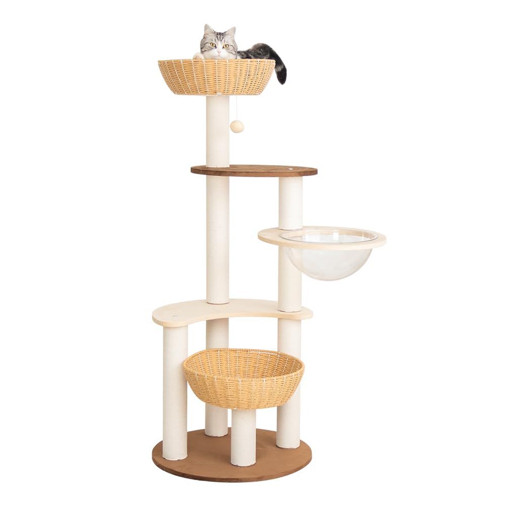 LULUCAT キャットタワー 据え置き おしゃれ 大型猫 おしゃれ 高さ133cm 木製ボードにベルベット張り 手編みカゴ シニア猫 爪とぎポール インテリア性 省スペース 多頭飼い スリム 夏冬兼用 見晴台付き 猫タワー 宇宙船 クリアボウル 子猫 中型猫