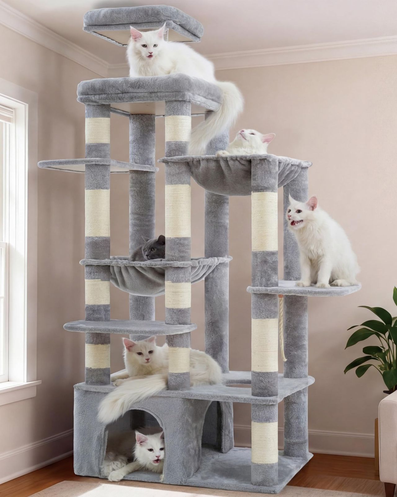 Heybly キャットタワー 高さ180cm 大型猫用 猫タワー 70cm 大型ベース 安定性 大型キャットハウス 2段見晴台 2個の広いハンモック 12本サイザル麻巻きポール 多段プラットフォーム 低重心の安全設計 多機能 室内猫家具 ライトグレー HCT0