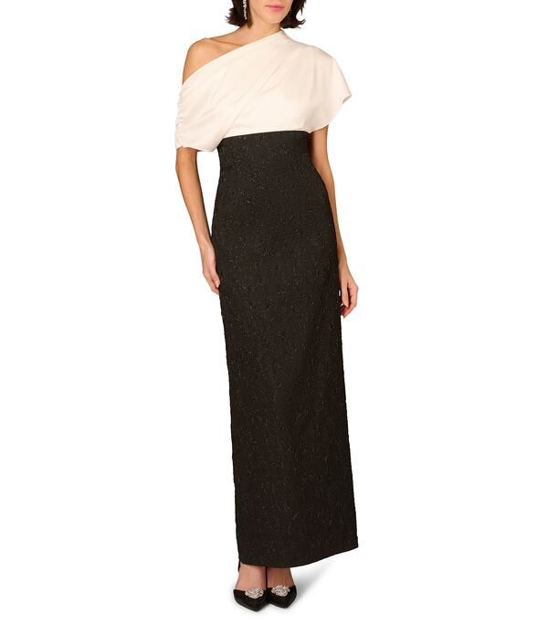 アイダンマットックス レディース トップス ワンピース Aidan Mattox Stretch Jacquard Color Block Long Dress Black White ホワイト