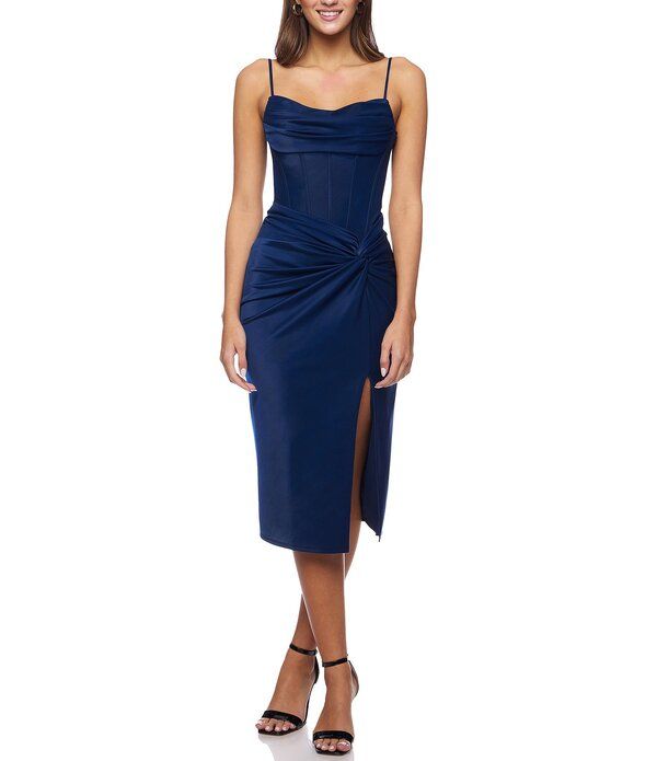 ビーダーリン レディース トップス ワンピース サイドスリット ドレープリーツ ミディ レース ニット B Darlin Shiny Knit Sweetheart Drape Pleated Nec