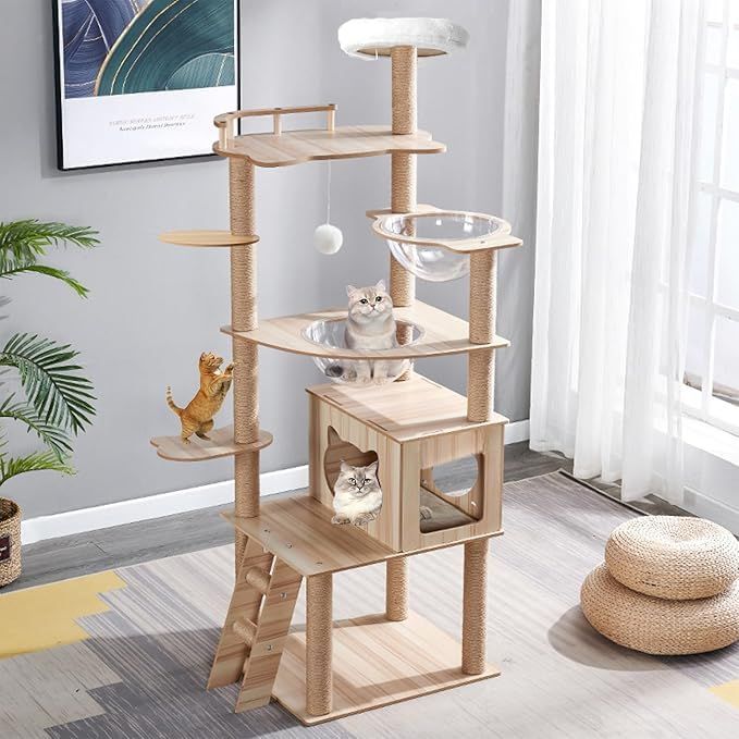 Yinanroa キャットタワー 木製 スリム 宇宙船 省スペース キャットタワー スリム 安定強化構造 大型猫用 多頭飼い 猫タワー 突っ張り 据え置き型 きゃつとタワー 猫爬架 大型猫用 爪とぎ キャットウォーク キャットハウス 多頭飼い 人気 猫タワー