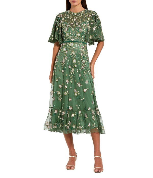マックダガル レディース トップス ワンピース フラワー柄 メッシュ ミディ フラワー Mac Duggal Floral Beaded Mesh Flutter Sleeve Midi Dressa