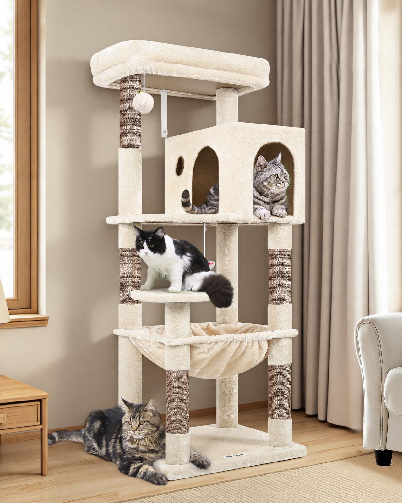 Globlazer キャットタワー ベージュ 低い スリム 省スペース 据え置き 猫タワー 大型キャットハウス 広々とした展望台 ハンモック 5天然麻紐の爪とぎポスト 多機能 頑丈 安定感 組立簡単 運動不足解消 高さ134cm ベージュ F53