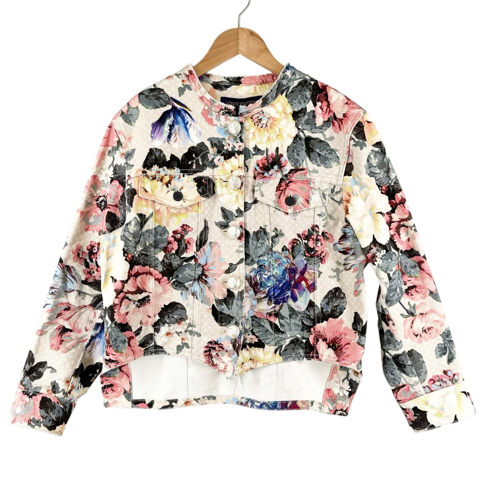 美品 LOUIS VUITTON ルイ・ヴィトン フラワー モノグラム プリント ノーカラー ジャケット RW222B SR6 FNVE85 秋冬 AW デニムジャケット コットン マルチカラー レディース 40【古着】【中古】【送料無料】