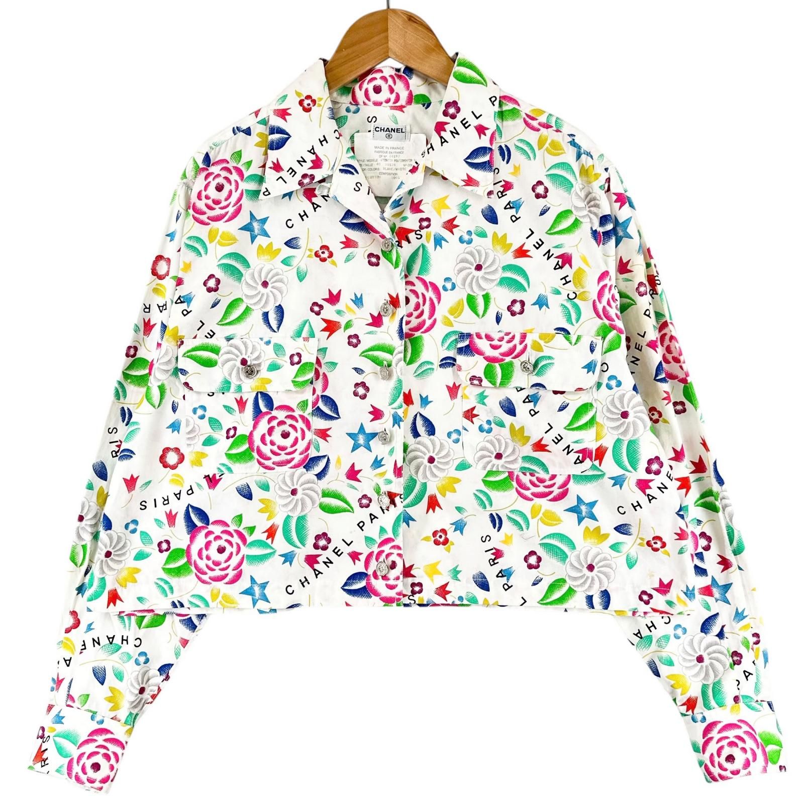美品 CHANEL シャネル 総柄 春夏 SS 長袖シャツ コットン マルチカラー 