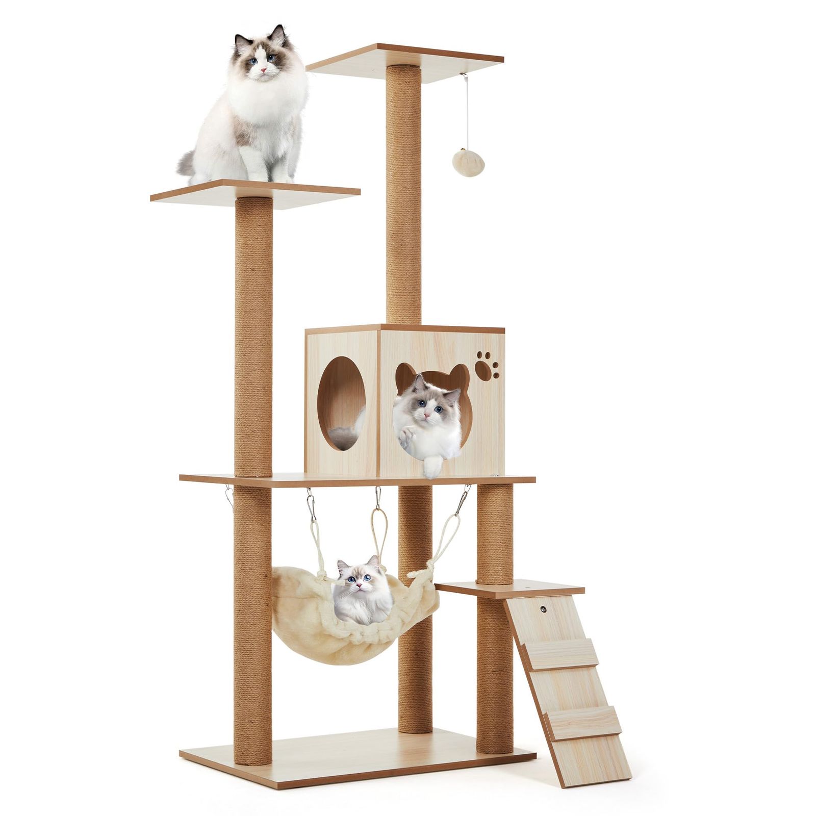 キャットタワー 木製 キャットタワー 猫タワー 据え置き型 キャットシェルフ キャットハウス ハンモック付き 爪とぎポール付き スリム設計 省スペース おしゃれ 頑丈 安定構造 大型猫 中型猫 多頭飼い対応 猫用家具 猫ラック 猫ステップ 室内用 ペット用品