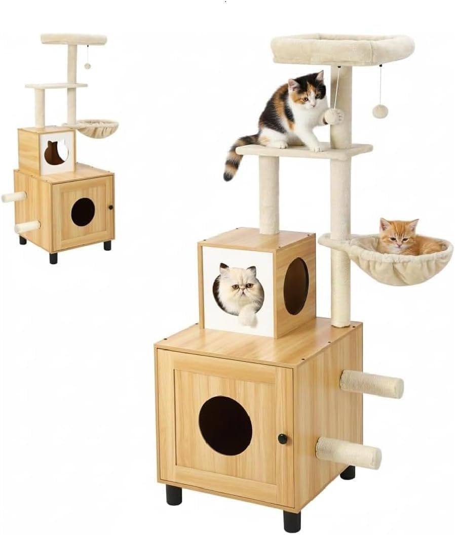 156cm 木製キャットタワー 猫トイレ収納付き 大型猫用 多頭飼い対応 ハンモック・爪とぎ おしゃれベージュ インテリア家具風 ペット用品