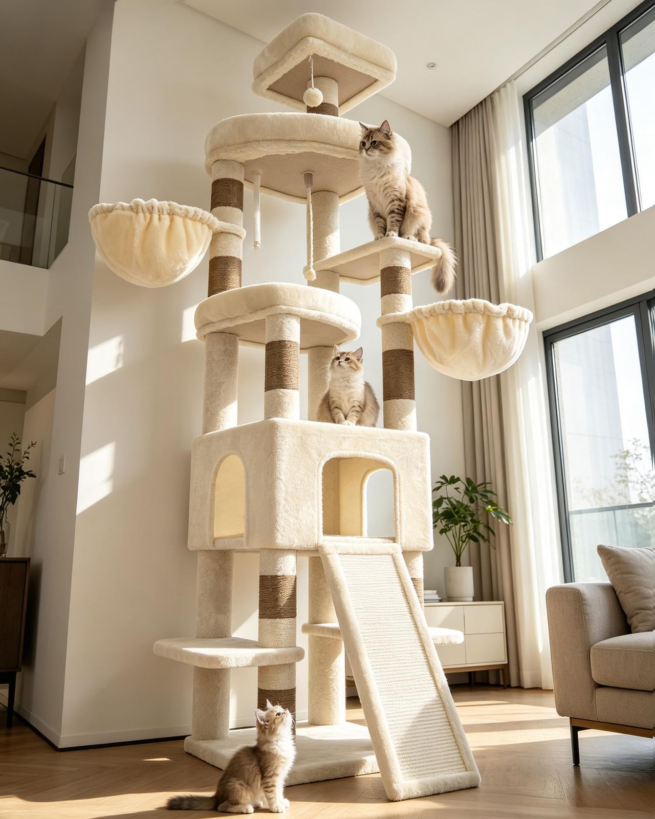 Heybly キャットタワー 210cm 大型猫対応 据え置き 猫タワー 多頭飼い 大型キャットタワー ハンモック2個 猫ハウス 爪とぎポール11本 ワイド爪とぎ板 多段ステップ 展望台 安定設計 室内猫 運動不足解消 ベージュ HCT063MJ
