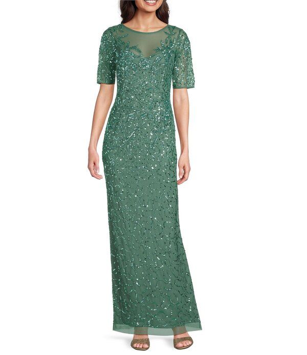 アドリアナ パペル レディース トップス ワンピース メッシュ Adrianna Papell Beaded Mesh Illusioneck Elbow Sleeve Column Gown Gre