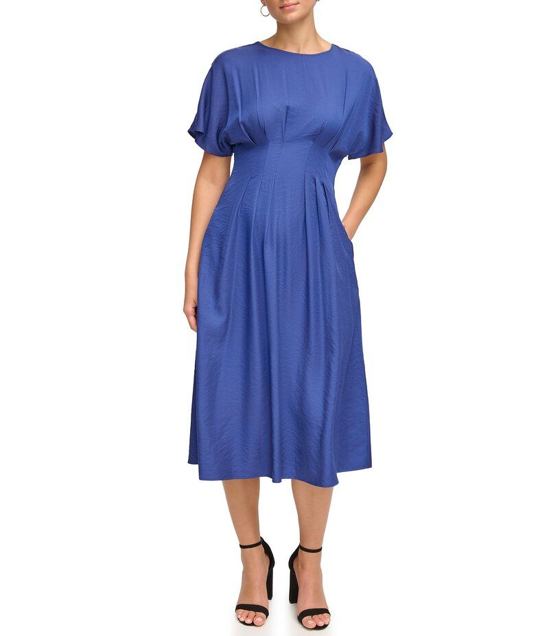 ケンジー レディース トップス ワンピース A ライン ミディワンピース ミディ シャーリング Kensie Short Sleeve Smocked Waist ALine Midi Dress N