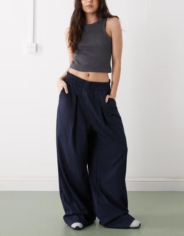コルージョン レディース ボトムス カジュアルパンツ COLLUSION pull on pants pinstripes NAVY ネイビー