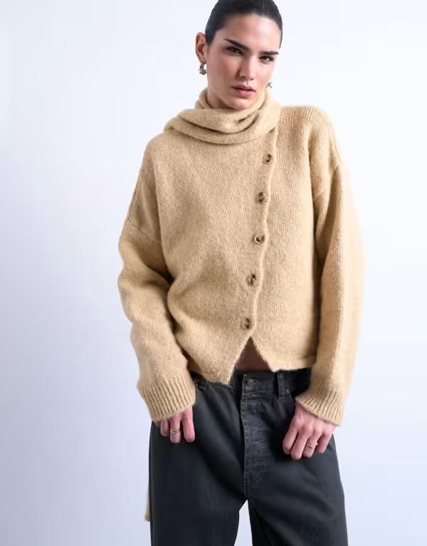 トップショップ レディース アウター カーディガン アシンメトリー ニット Topshop asymmetric knit cardigan with scarf in oat ベージュ