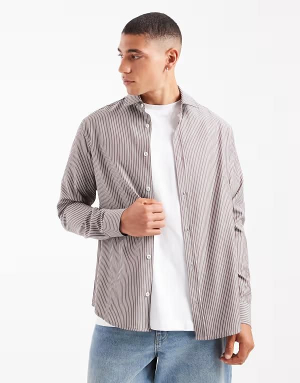 エイソス メンズ トップス シャツ ASOS DESIGN slim shirt stripes BROWN ブラウン
