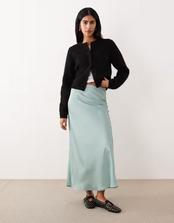 ヴィラ レディース ボトムスカート サテン マキシ VILA satin maxi skirt in teal Blue surf ブルー