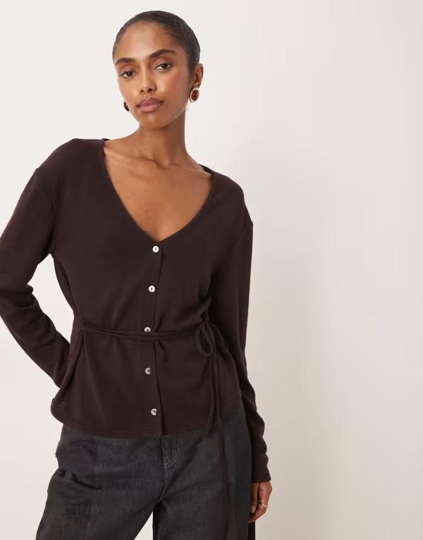 マンゴ レディース アウター カーディガン Mango belted fine cardigan in chocolate Chocolate チョコレート