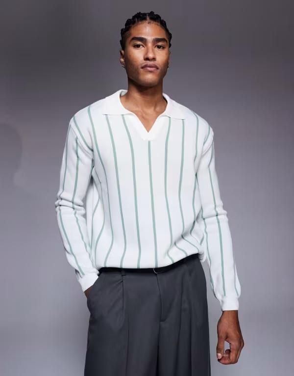 エイソス メンズ トップス ポロシャツ ニット ASOS DESIGN relaxed knit stripe notch neck polo shirt in ecru ECRU エクリュ