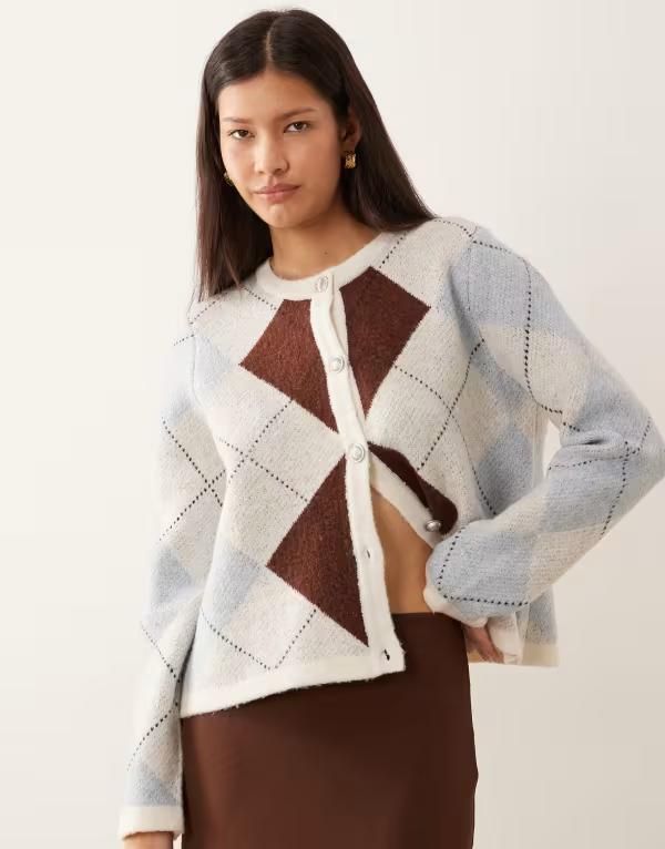 ヴィラ レディース アウター カーディガン ニット Vila argyle plaid knit cardigan and pastels Birch CHERRY バーガンディ